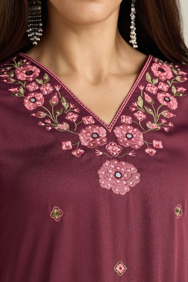 Purple Handcrafted Straight Modal Satin Kurta