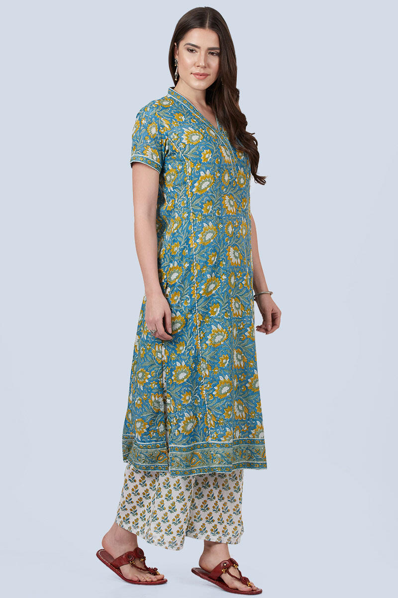 Blue Block Printed Straight Cotton Kurta