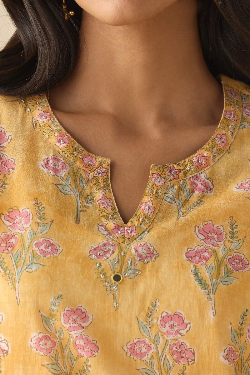 Yellow Hand Block Printed Straight Cotton Slub Kurta