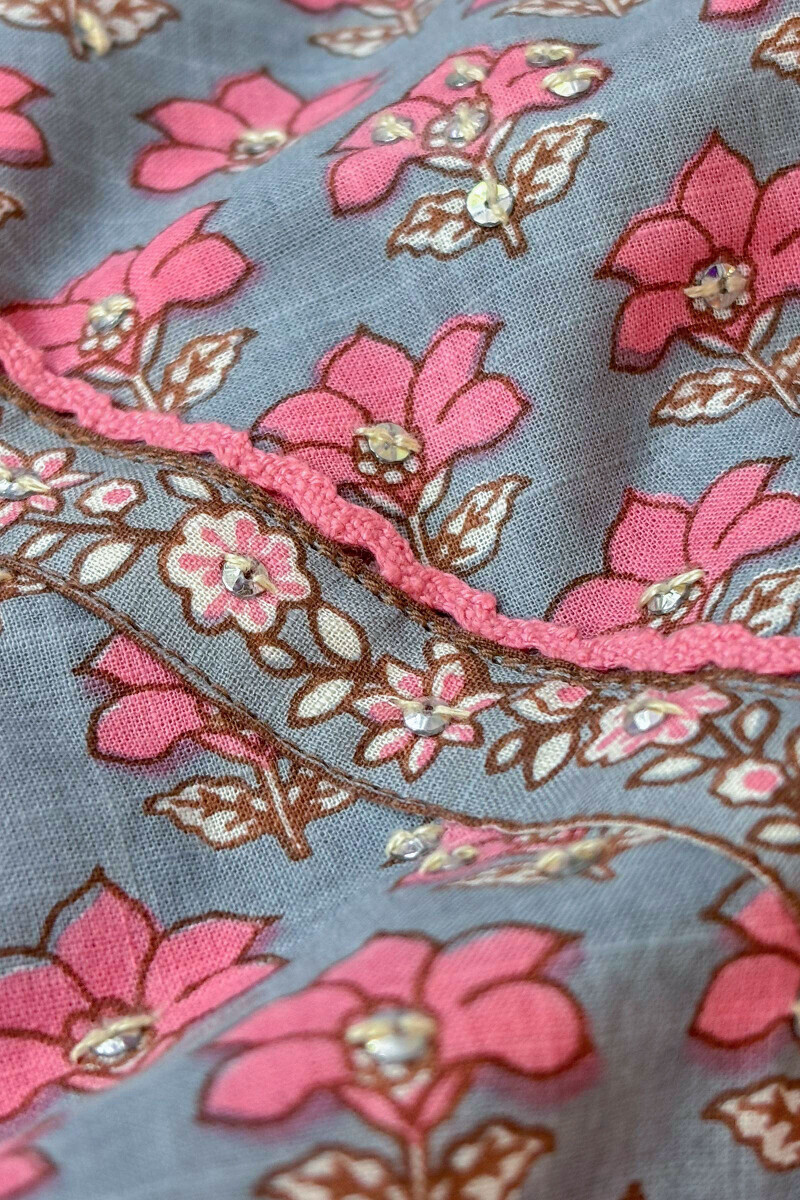 Grey Hand Printed Straight Cotton Slub Kurta