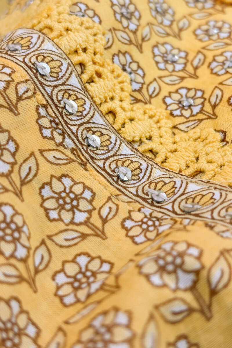 Yellow Hand Printed Straight Cotton Kurta