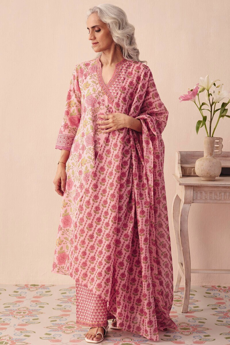 Pink Hand Printed Angrakha Cotton Kurta