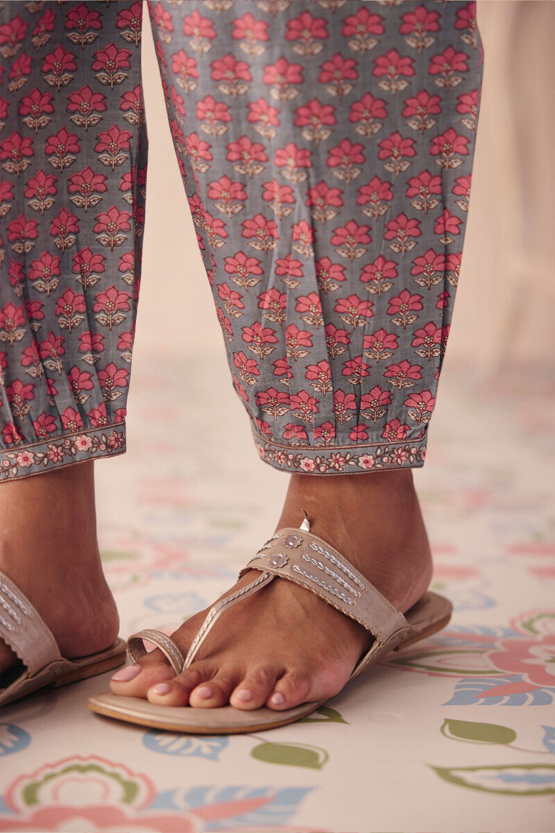 Grey Hand Printed Cotton Slub Izhaar Pants