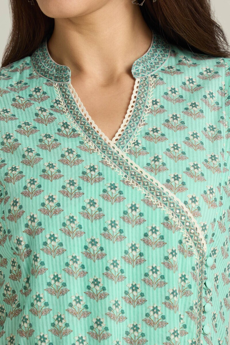 Blue Hand Printed Angrakha Cotton Dobby Kurta