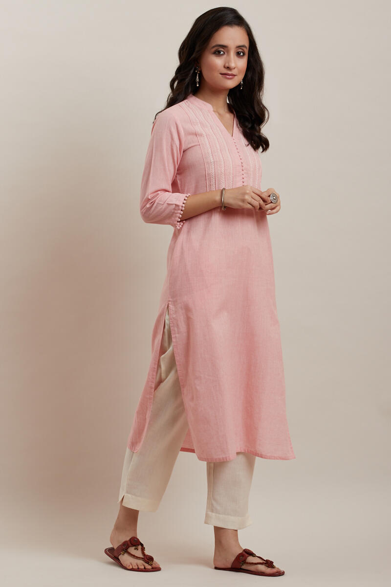 Pink Handcrafted Straight Cotton Kurta