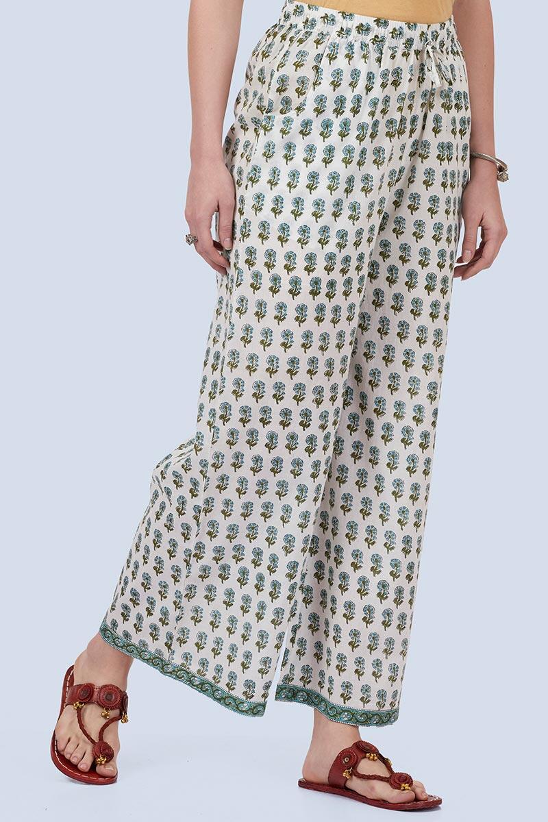 White Block Printed Cotton Farsi Pants