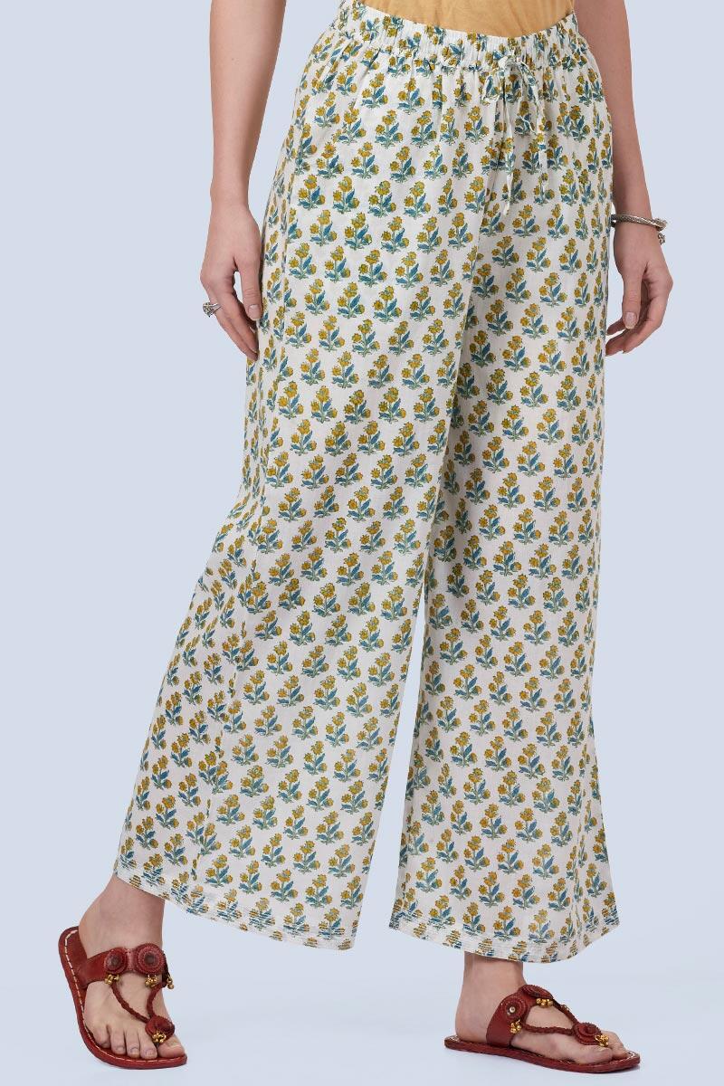 Blue Block Printed Cotton Farsi Pants