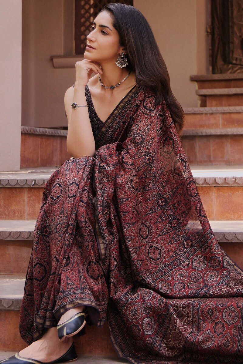 Red Hand Block Printed Chanderi Saree