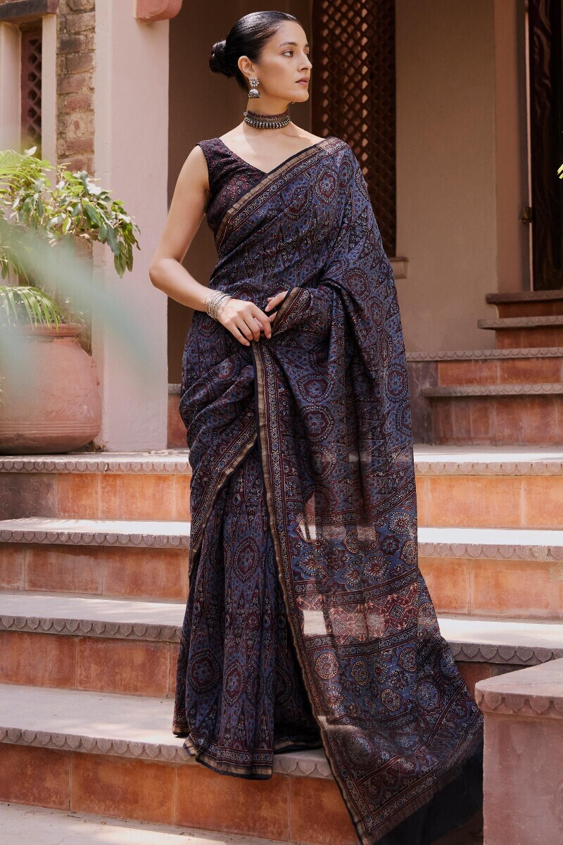 Ajrakh Hand Block-Printed Chanderi Saree