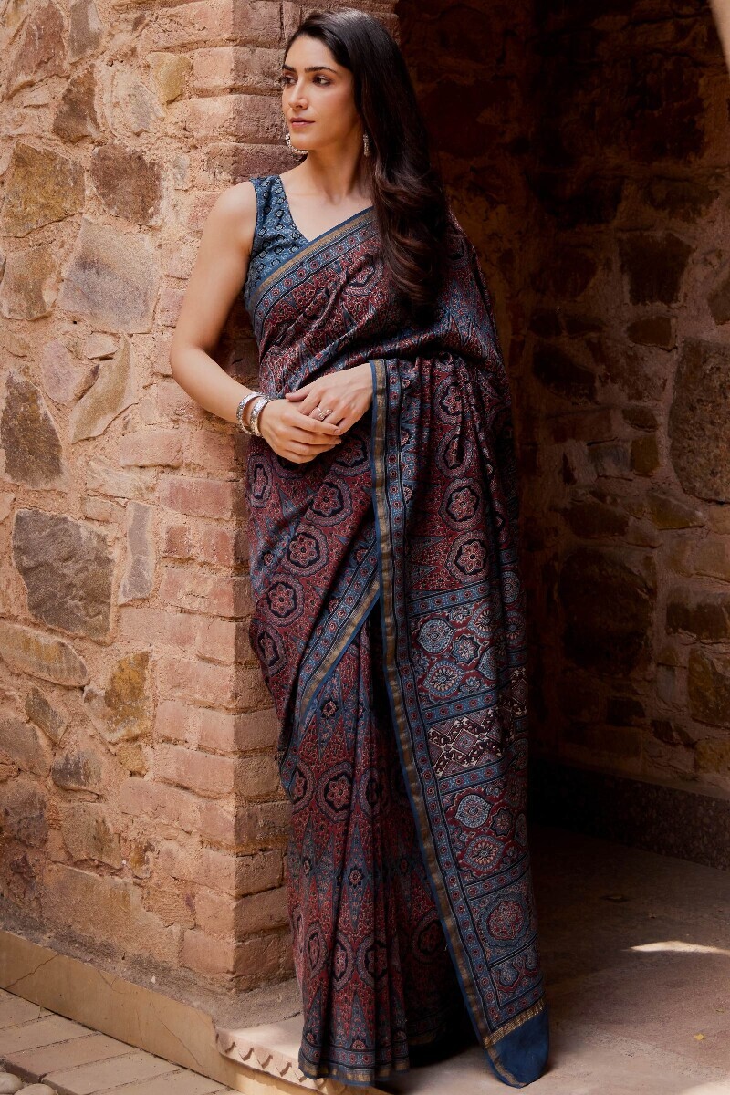 Indigo Hand Block Printed Chanderi Saree