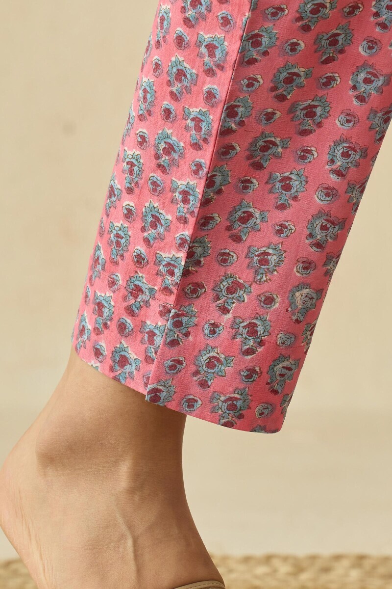 Pink Hand Block Printed Cotton Narrow Pants