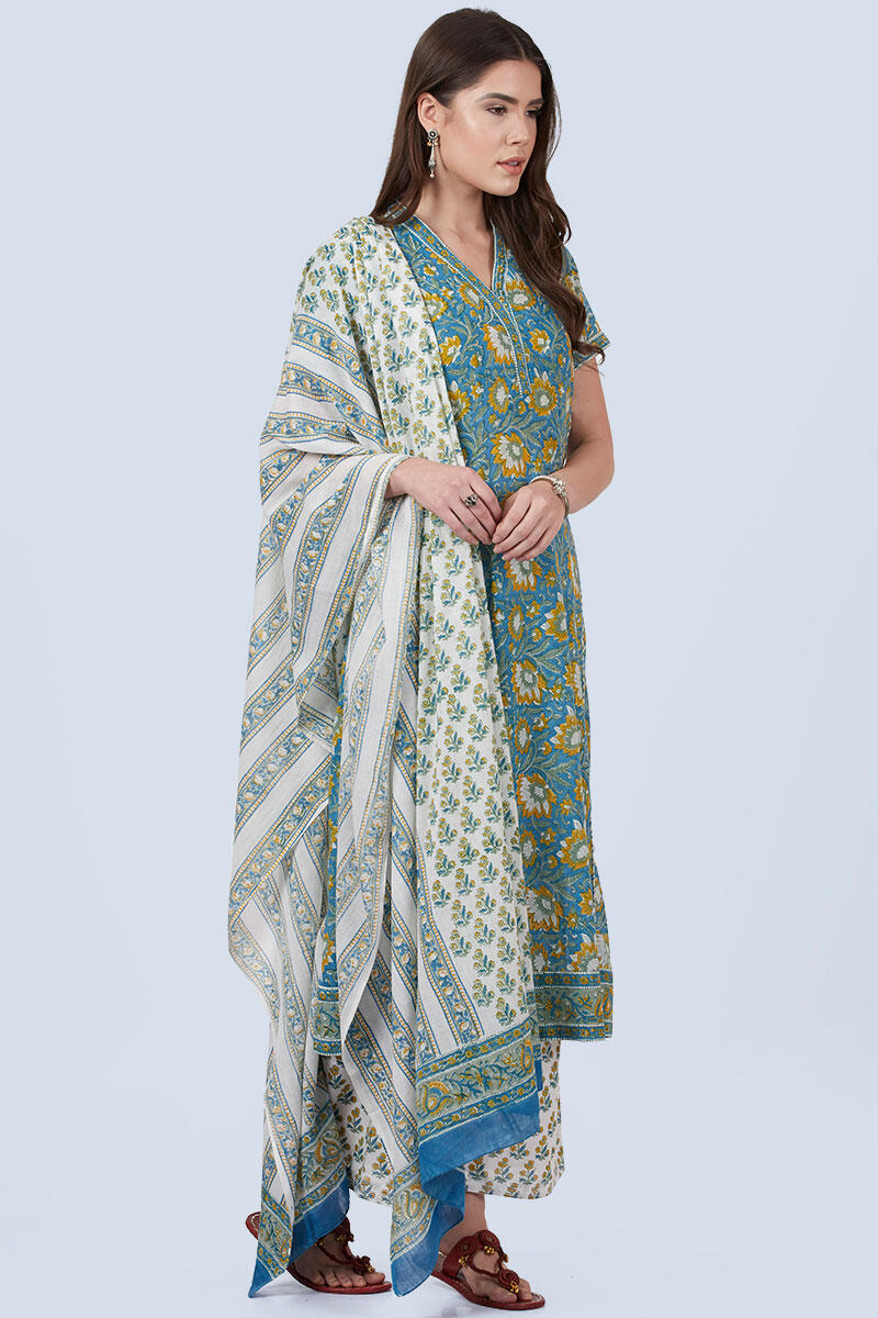 Blue Block Printed Cotton Dupatta