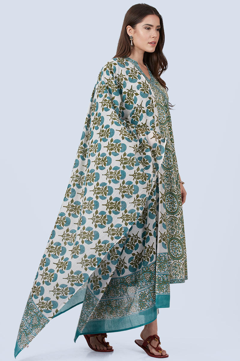 Green Block Printed Cotton Dupatta