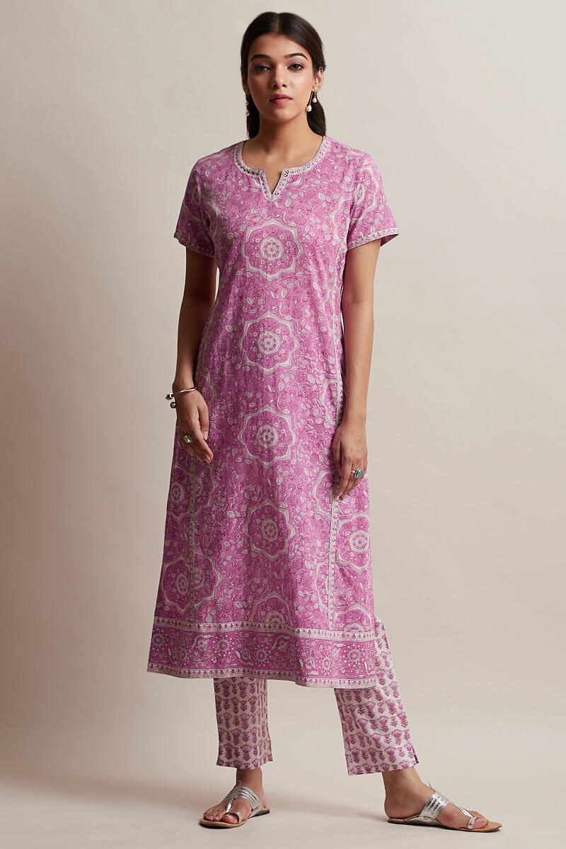 Pink Block Printed Straight Cotton Kurta