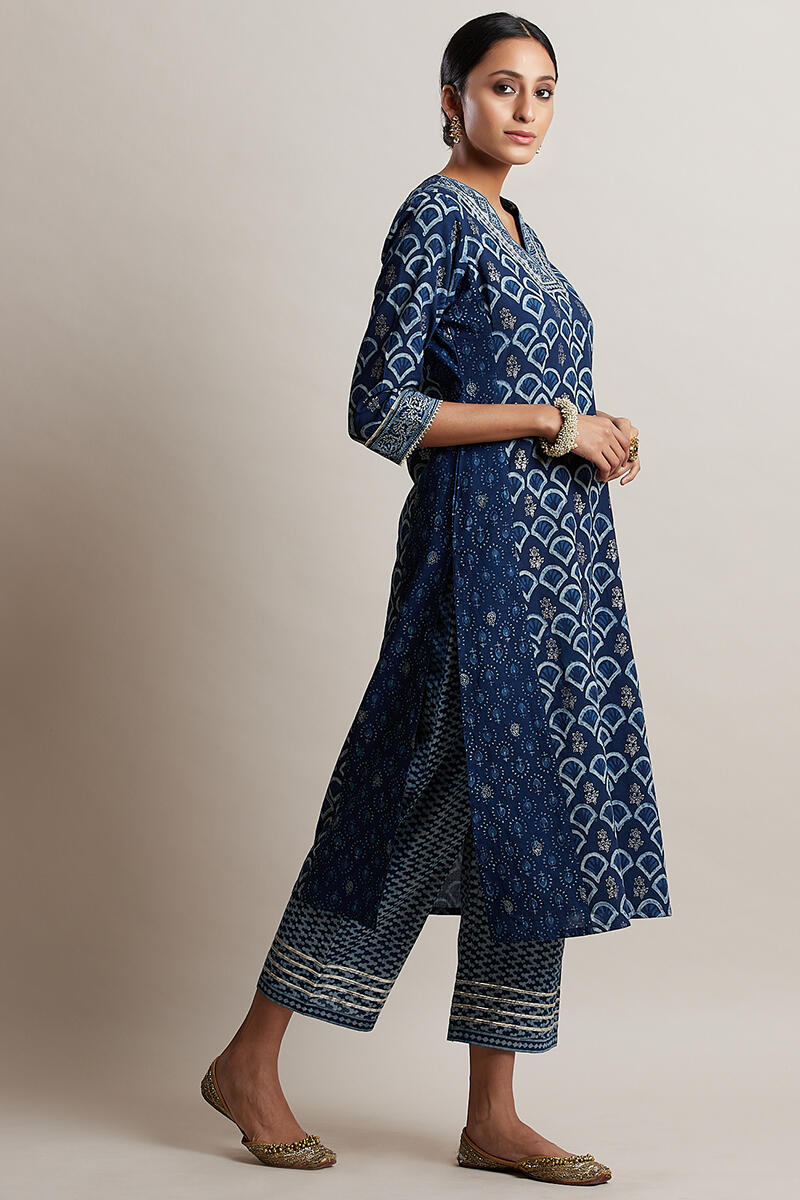 Indigo Block Printed Straight Cotton Kurta