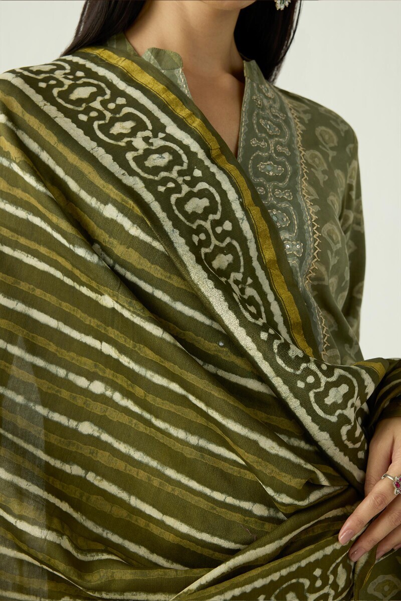 Green Hand Block Printed Chanderi Dupatta