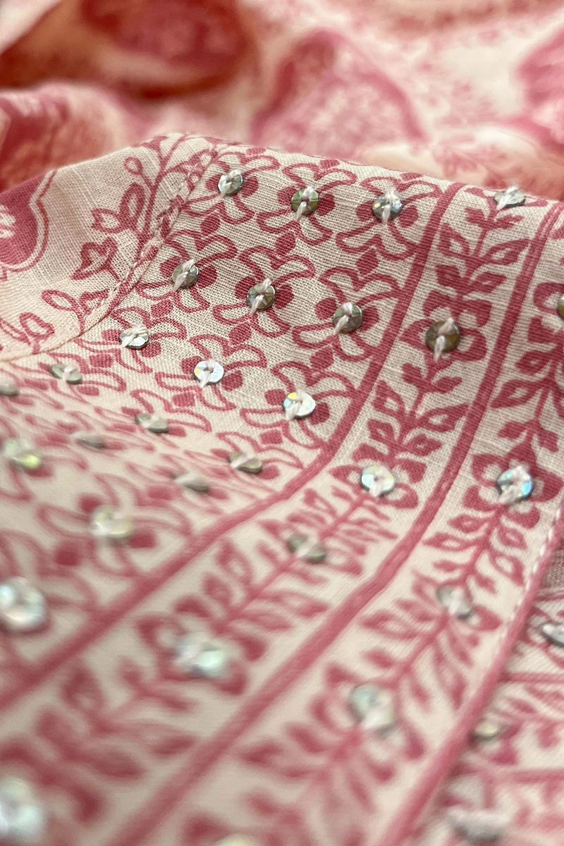 Pink Hand Printed Straight Cotton Slub Kurta