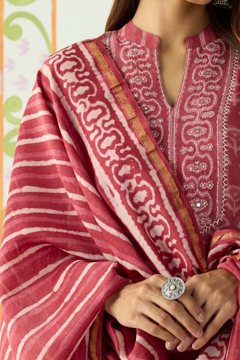Pink Hand Block Printed Chanderi Dupatta