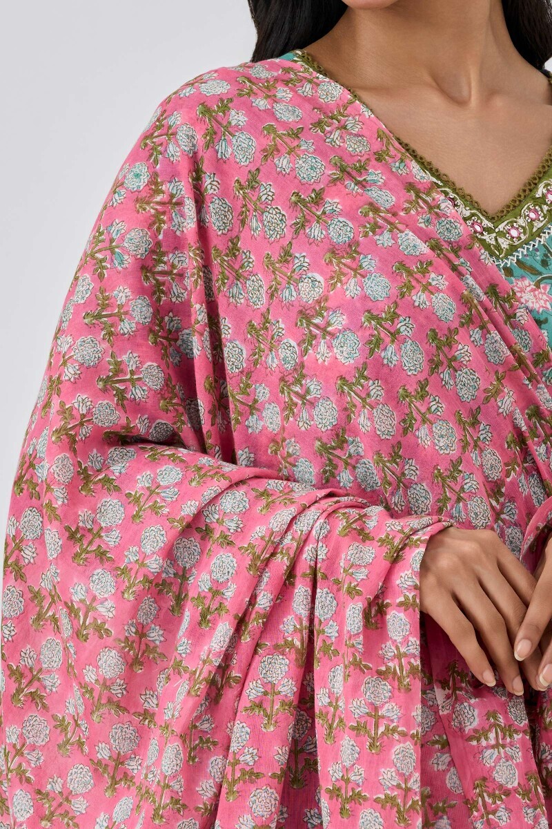 Pink Hand Block-Printed Cotton Mul Dupatta