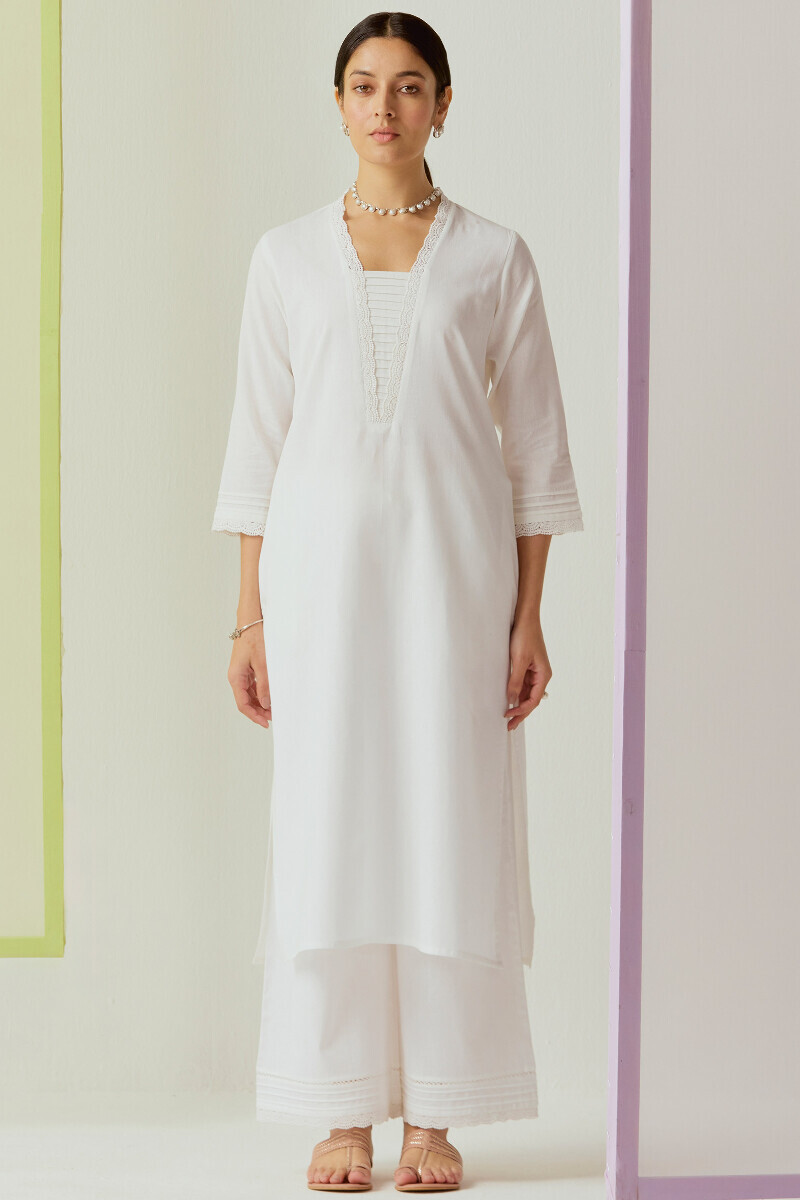 White Handcrafted Straight Cotton Flax Kurta