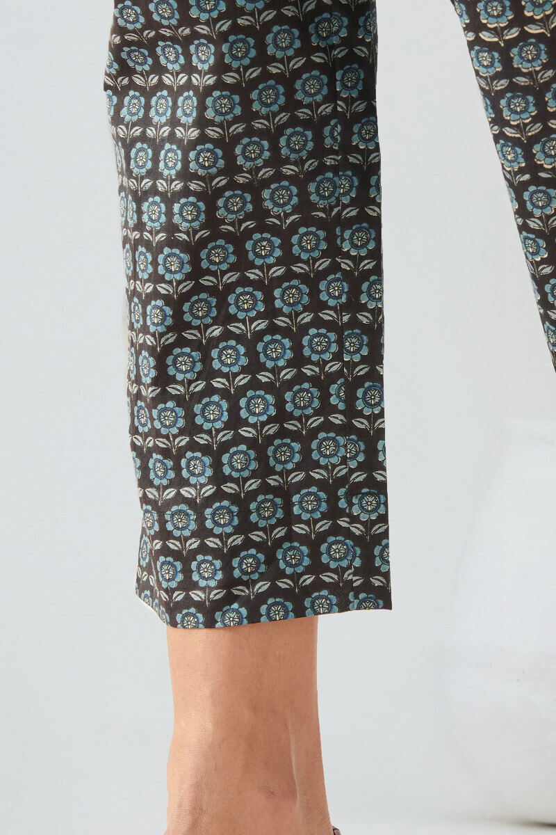 Black Hand Printed Cotton Narrow Pants