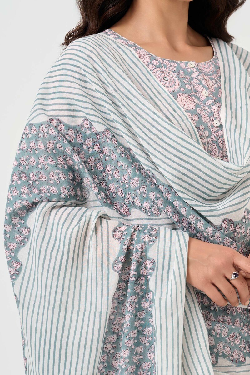 Blue Block Printed Cotton Dupatta