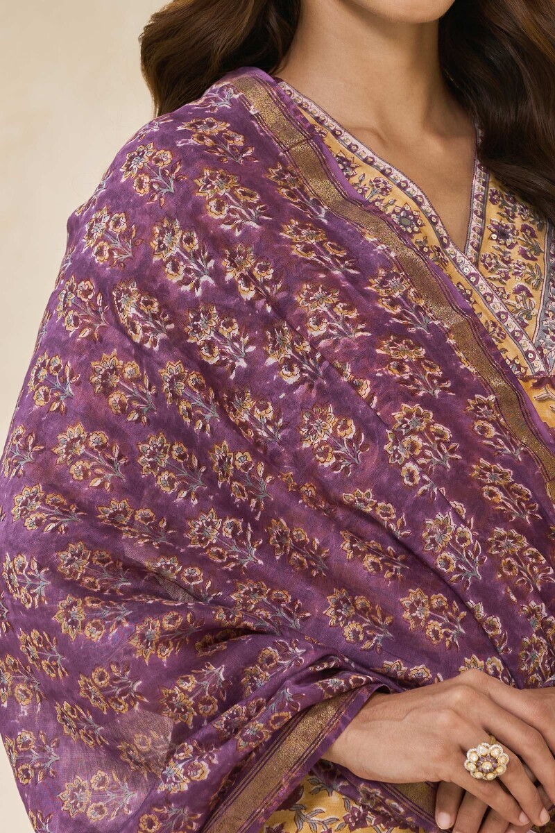 Purple Hand Block-Printed Chanderi Dupatta