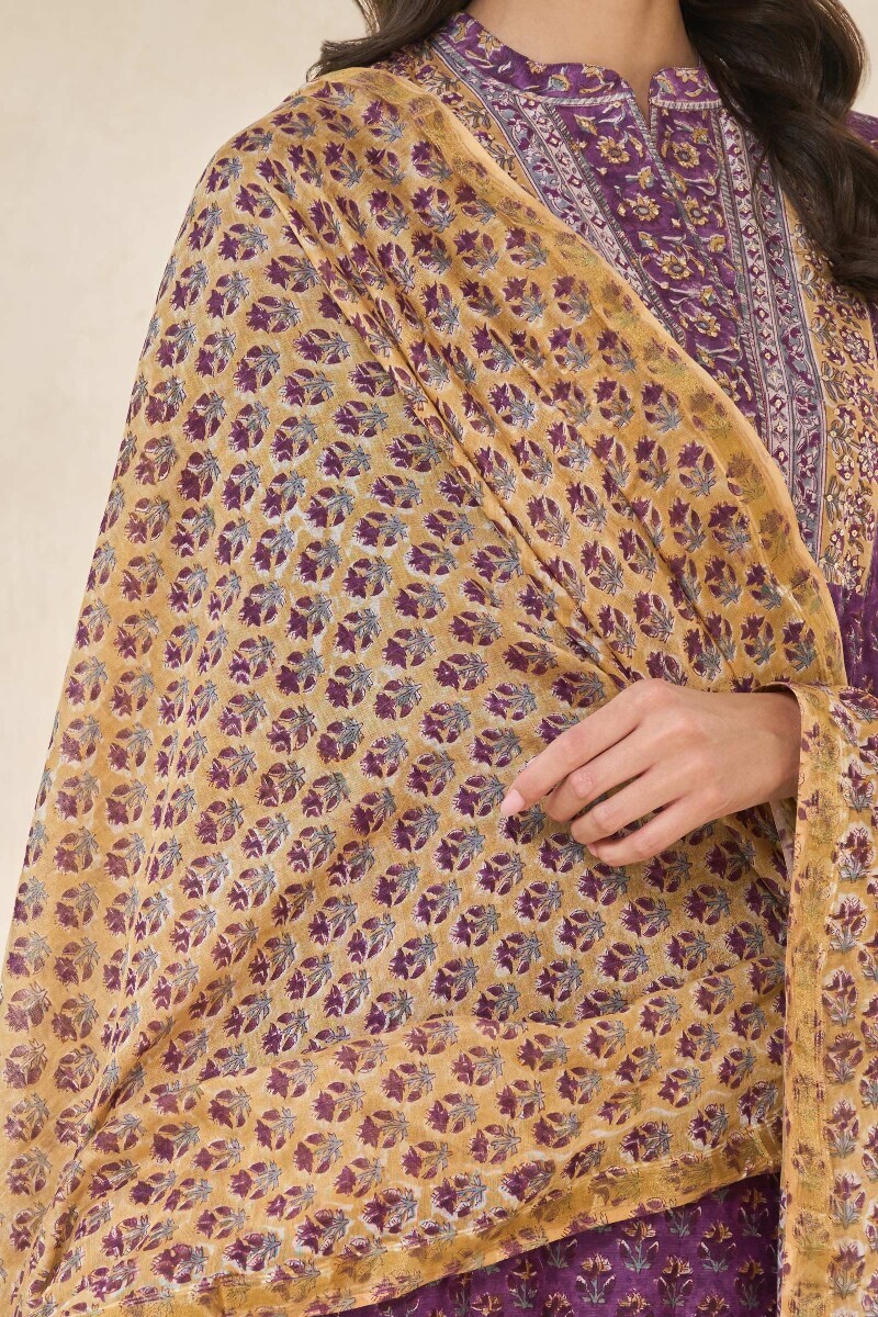 Yellow Hand Block-Printed Chanderi Dupatta