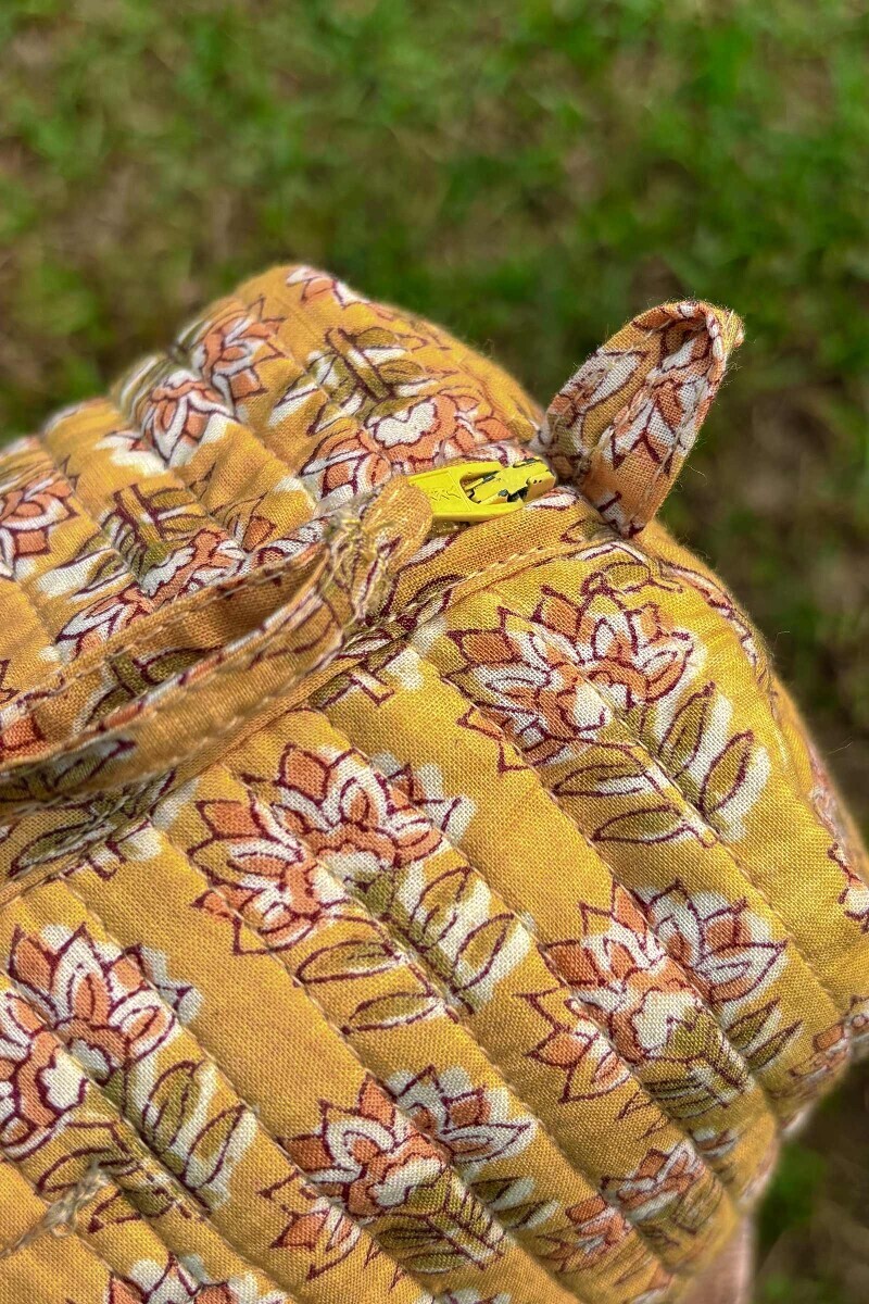 Yellow Hand Block-Printed Cotton Vanity Pouch