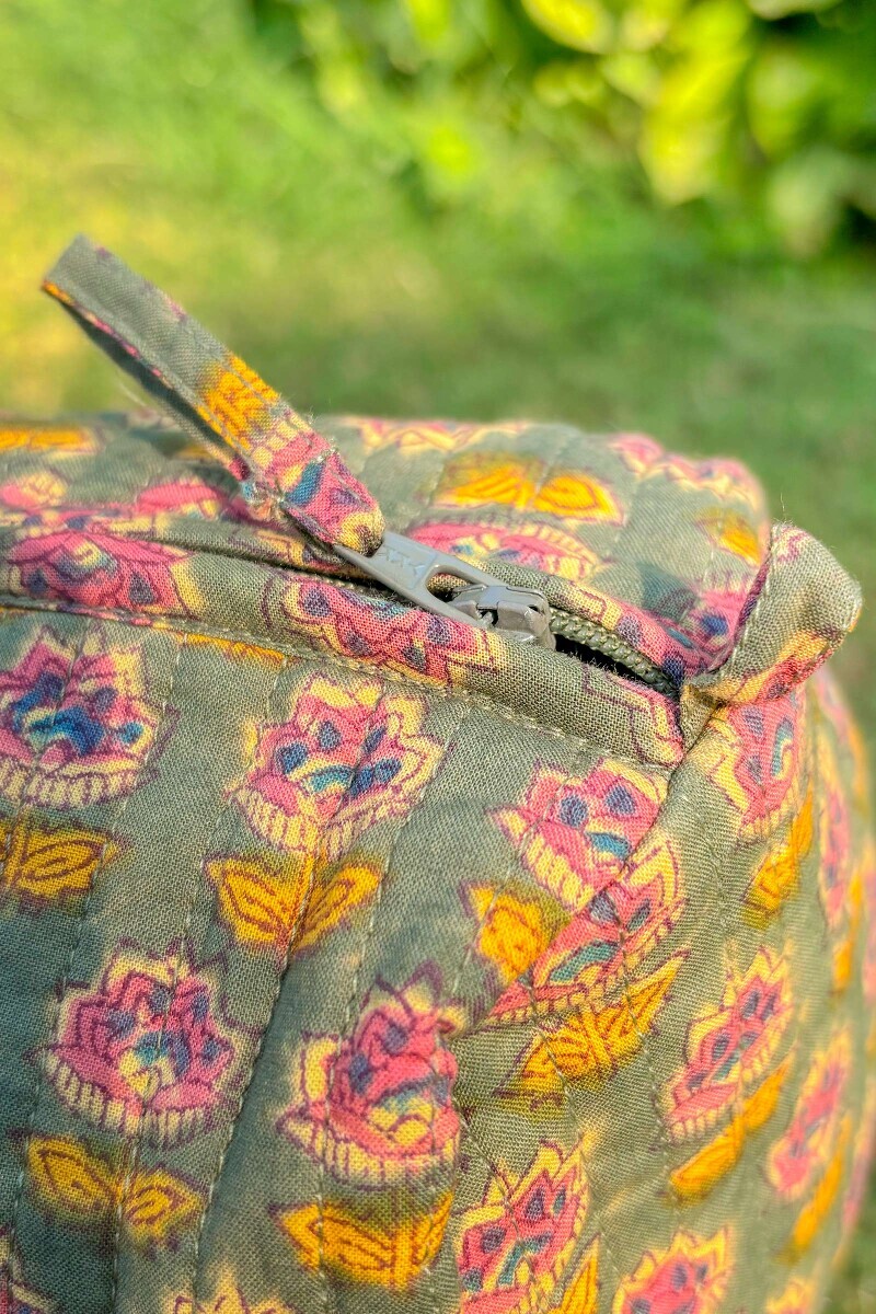 Green Hand Block-Printed Cotton Vanity Pouch