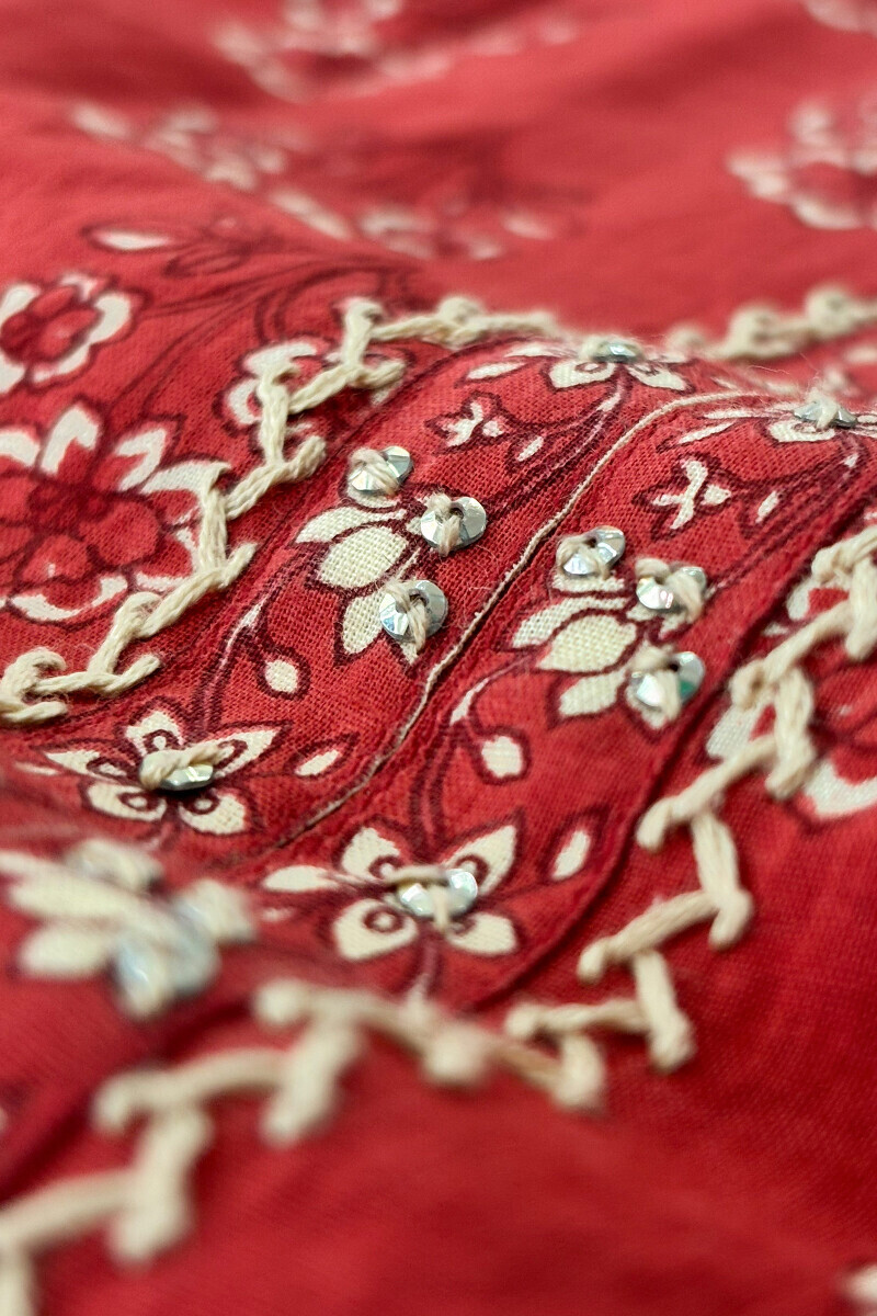 Red Hand Printed Straight Cotton Kurta