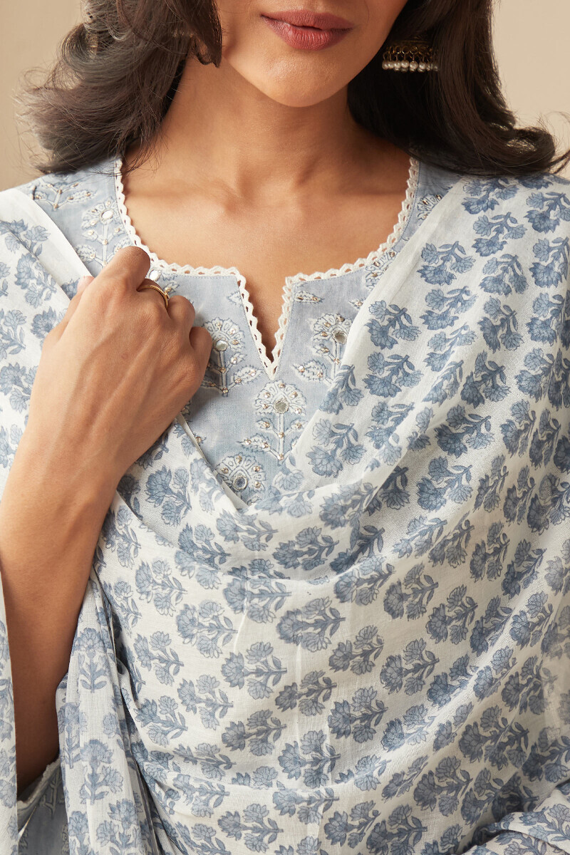 White Hand Block-Printed Cotton Mul Dupatta