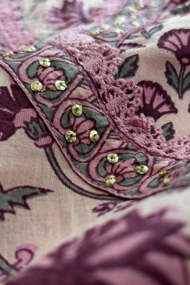 Pink Hand Printed Angrakha Cotton Kurta