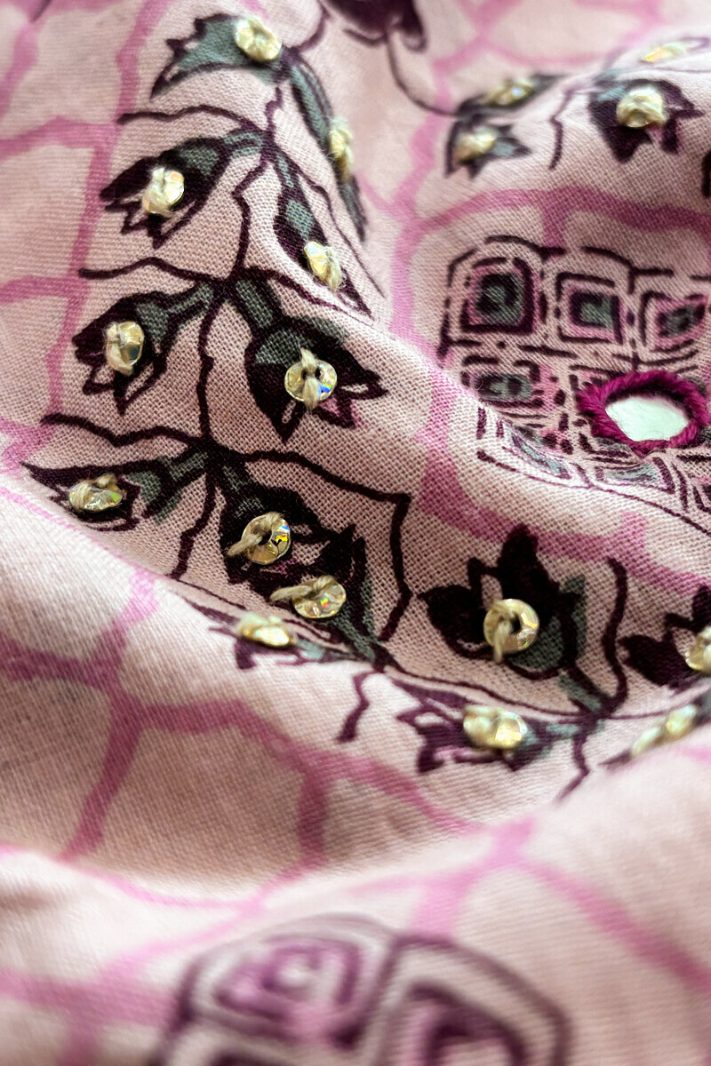 Pink Hand Printed Straight Cotton Kurta