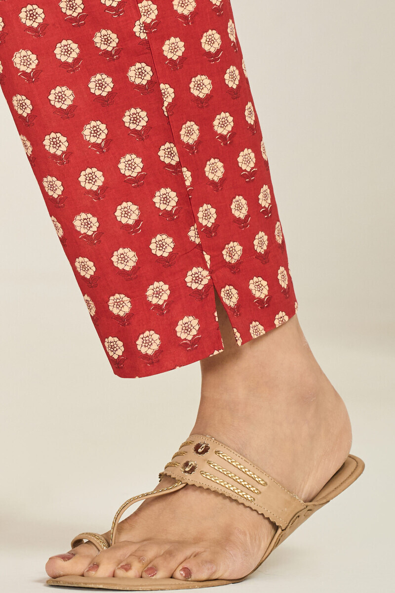 Red Hand Printed Cotton Narrow Pants