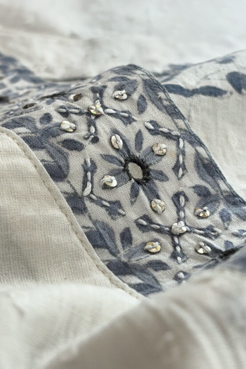 White Hand Block-Printed Straight Cotton Dobby Kurta