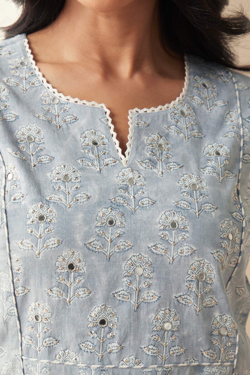 Blue Hand Block-Printed Straight Cotton Kurta