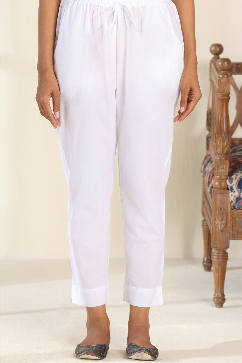 White Handcrafted Cotton Narrow Pants