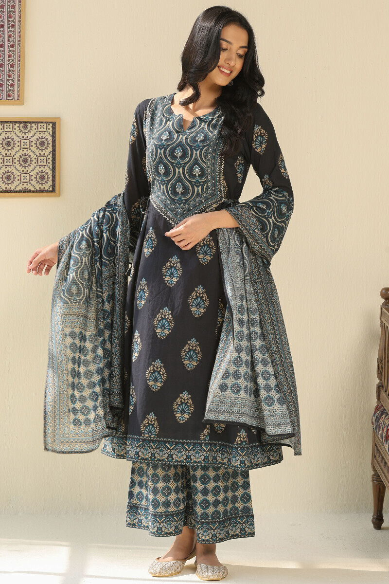 Black Printed A-Line Cotton Dobby Kurta