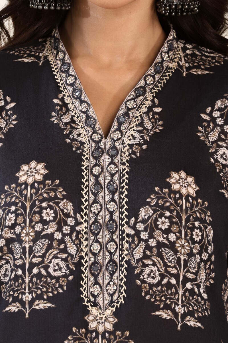 Black Printed Straight Cotton Dobby Kurta