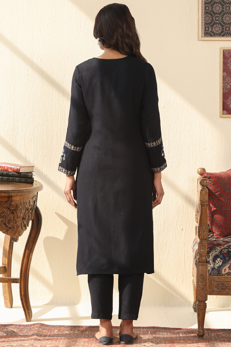 Black Handcrafted Straight Faux Wool Kurta