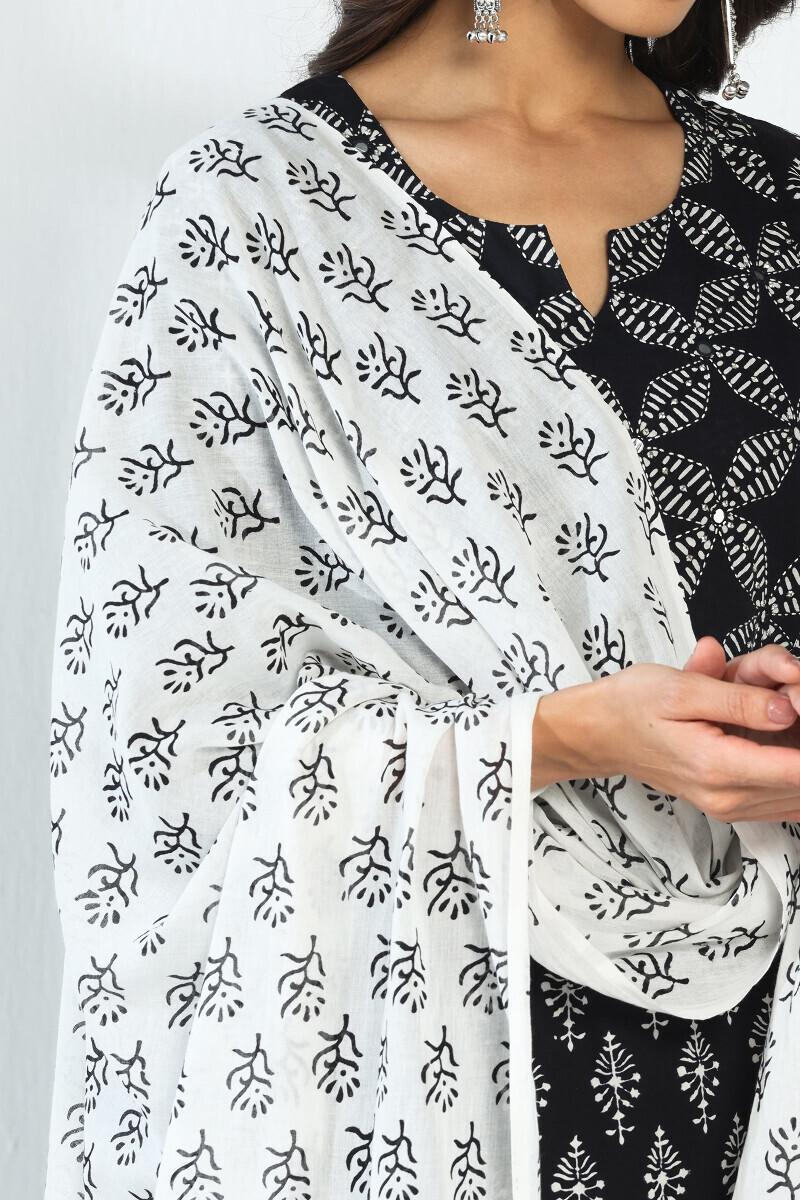 White Hand Block-Printed Cotton Mul Dupatta