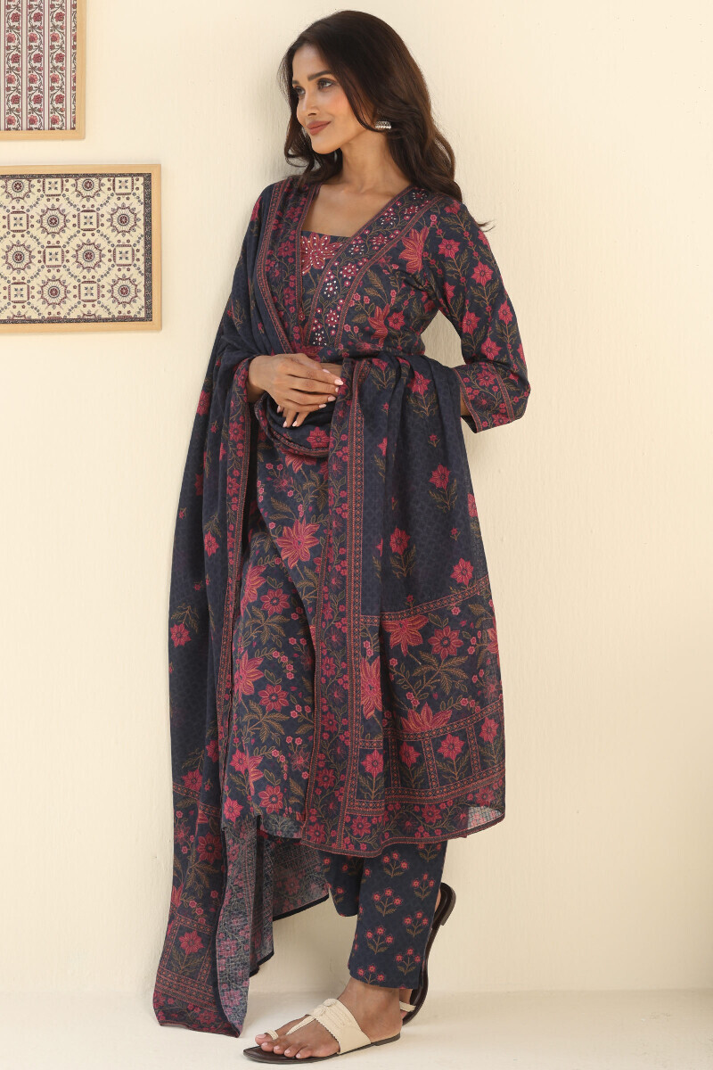 Navy Blue Printed Kota Dupatta