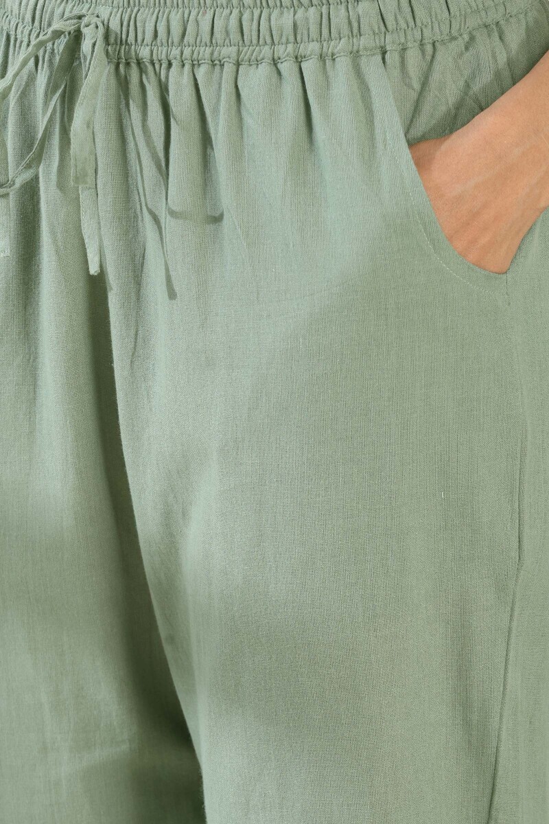 Green Handcrafted Cotton Narrow Pants