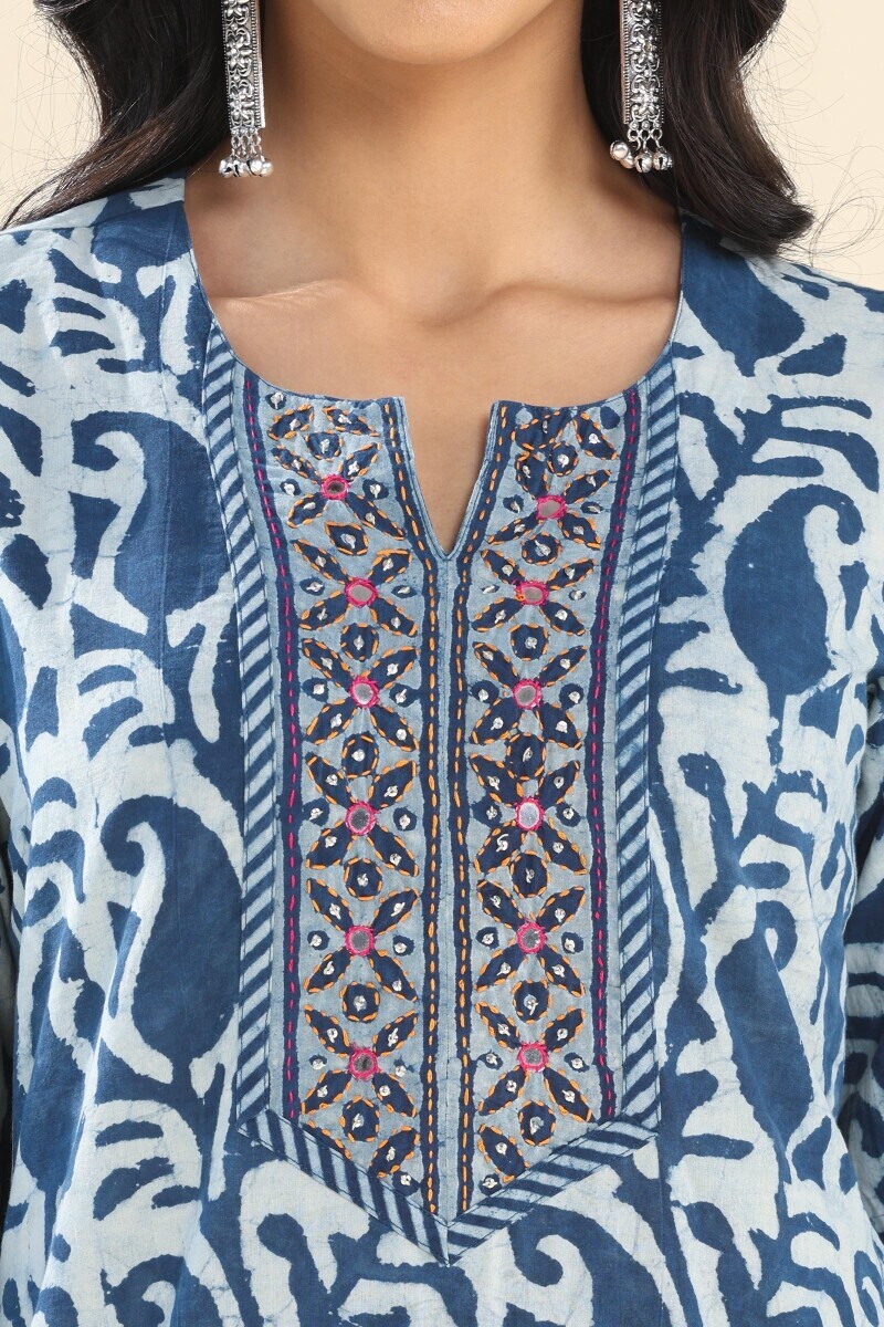 Indigo Hand Block Printed Straight Cotton Kurta
