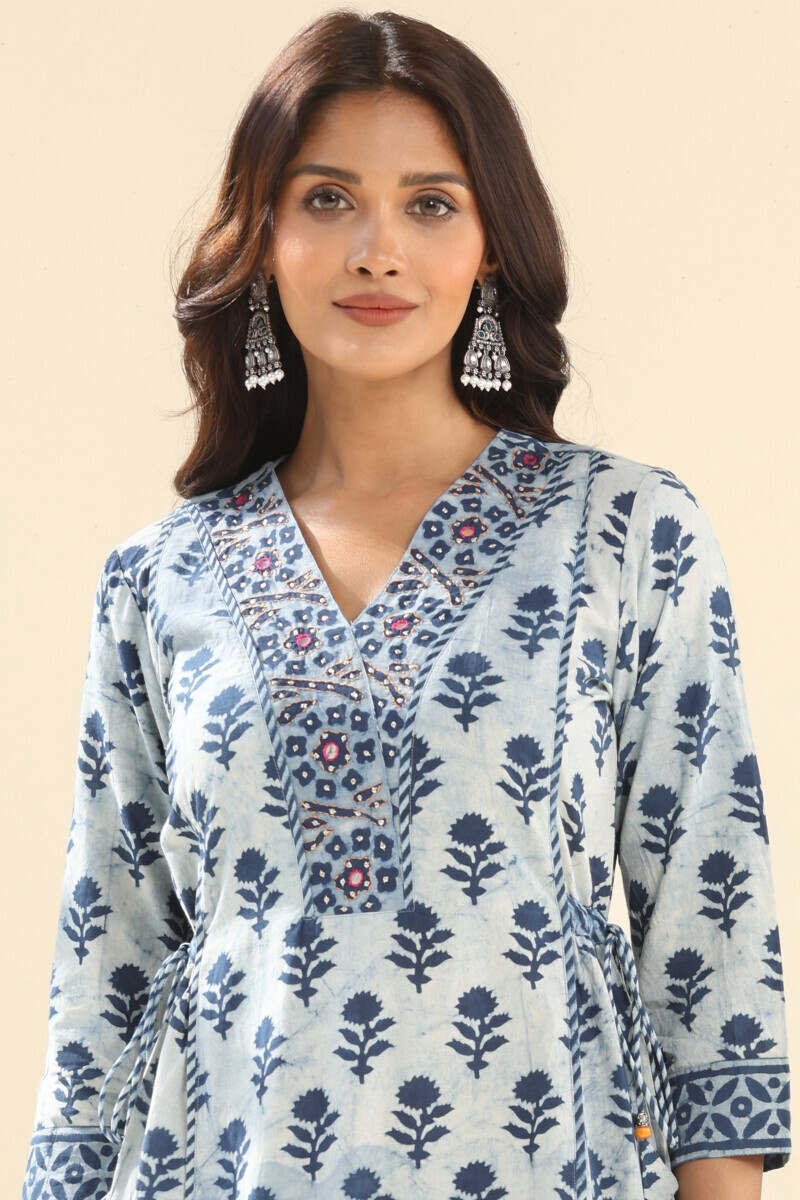 Indigo Hand Block Printed A-Line Cotton Kurta