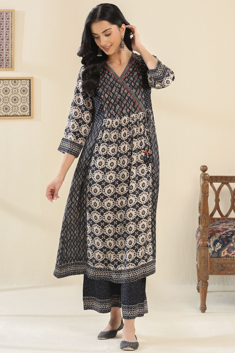 Black Printed A-Line Viscose Kurta