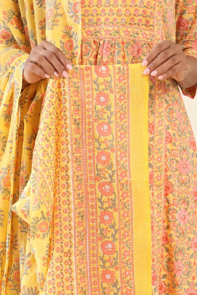 Yellow Hand Block Printed Kota Dupatta