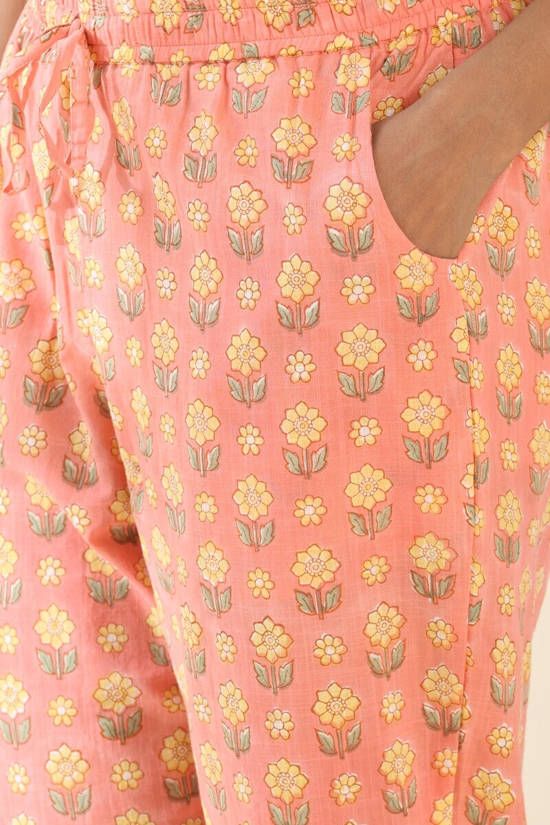 Pink Hand Block Printed Cotton Slub Narrow Pants