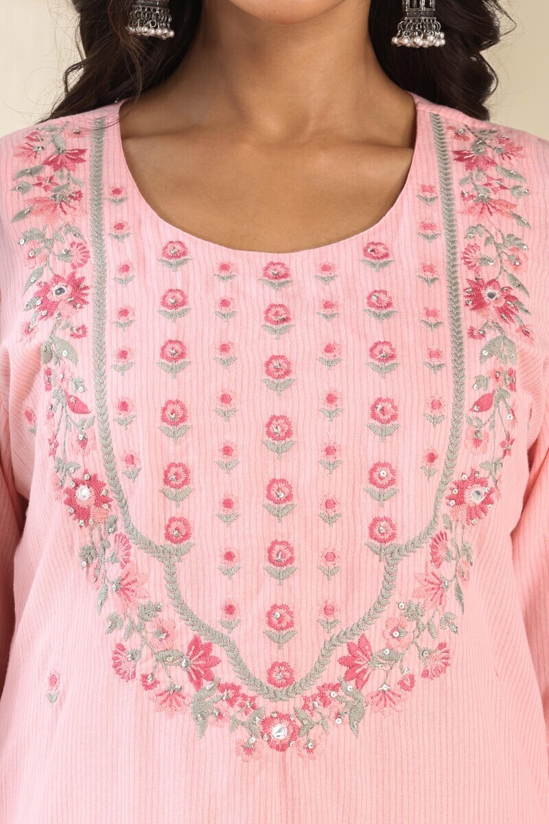 Pink Handcrafted Straight Cotton Kurta